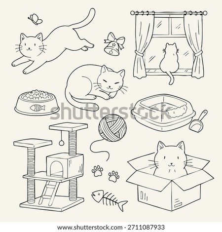 Hand-drawn cat set: cute cats and pet care accessories. Includes kittens, litter box, food bowl, scratching post, yarn ball, paw prints, and window. Outline vector.