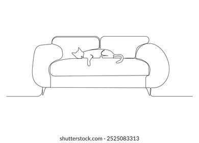 Hand-drawn cat sleeping on sofa continuous one-line art drawing. Couch outline vector illustration.