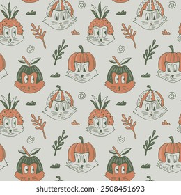 Hand-drawn Cat Wearing Fruit Helmet Seamless Vector Pattern by Sansroom