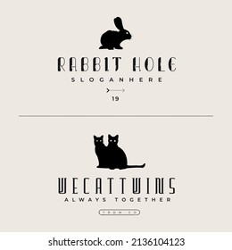 Handgezeichnete Katzen Logo-Design, handgezeichnetes Kaninchenlogo, Vektor-Vorlagenblattgeschäft, Tierlogo, Tierzeichen, Etikett.