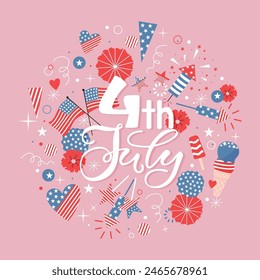 Handdrawn celebration poster 4th of July. Handdrawn elements for independence day.