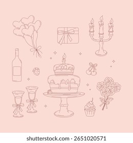 Celebração desenhada à mão com fundo rosa. Inclui bolo, vinho, balões, velas, flores, cupcake, caixa de presente e elementos românticos da festa. Perfeito para cartões e decoração.

