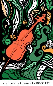Hand-drawn cello surrounded by green, orange, white abstract artistic floral and musical elements