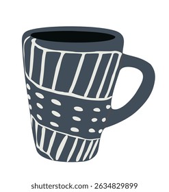 Hand-drawn ceramic coffee mug with abstract geometric pattern. Modern boho style vector illustration perfect for kitchen decor, branding, packaging, or cozy lifestyle designs. Isolated on white 