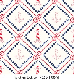 Hand-Drawn Chain and Rope Frames with Anchors, Lighthouses and Seppelin Bend Nautical Knots Vector Seamless Pattern.