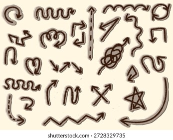 Flechas de tiza dibujadas a mano y Elementos de garabatos. Vector de carbón y crayón sketch Pegatinas trazos con flechas