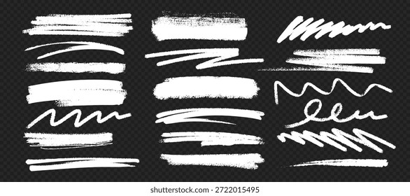 Gizes desenhados à mão e marcas de carvão. Traços ásperos e rabiscos com textura de lápis pastel grunge. Rabiscos de sublinhado branco e elementos de barra de pincel esboçados.
