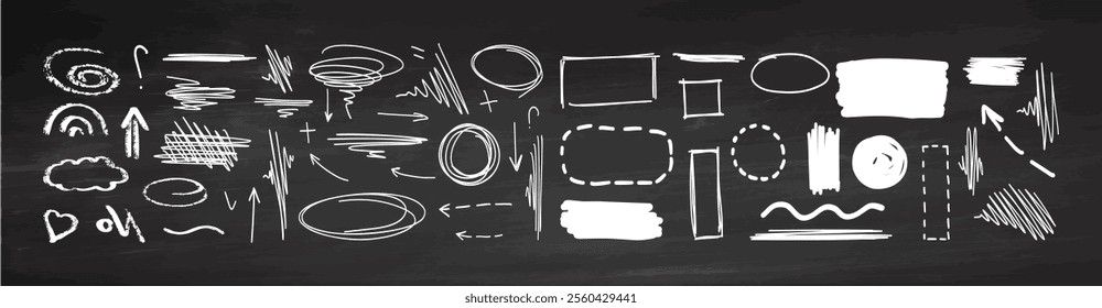 Hand-drawn chalk doodle elements on blackboard with arrows and shapes