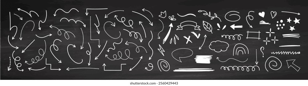Hand-drawn chalk doodle set with arrows, lines, and shapes