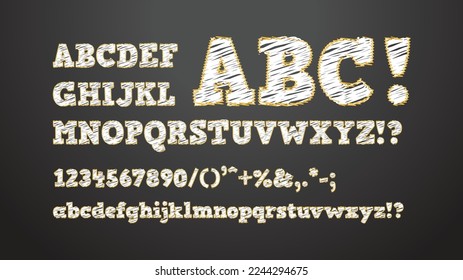 Handgezeichnete Kreide englisches Alphabet, Buchstaben, Zahlen und Symbole mit Schlaganfall. Karten und Kleinbuchstaben sind im Lieferumfang enthalten. Texturierte weiße Buchstaben auf dunklem Hintergrund. Vektorgrafik, EPS10.