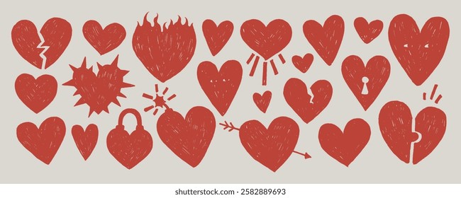 Hand-drawn Chalk Hearts Collection. Doodles with crayon, dry brush, pencil texture for collages. Vector Ink Illustration in kids drawing style. Valentine's Day Concept.	