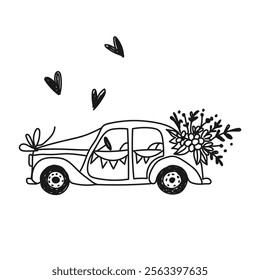 Hand-drawn chalk icon: retro and vintage wedding elements – elegant retro car with flowers and hearts. Vector illustrration in doodle style