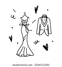 Hand-drawn chalk icon: retro and vintage wedding elements – evening gown and jacket. Doodle-style vector illustration with playful, handwritten design