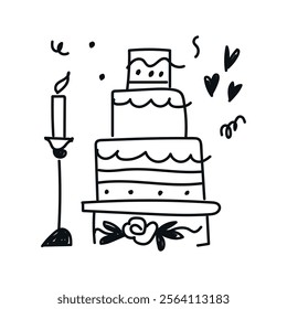 Hand-drawn chalk icon: retro and vintage wedding elements – a festive giant cake and an elegant candle. Doodle-style vector illustration with playful, handwritten design