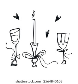 Hand-drawn chalk icon: retro and vintage wedding elements, valentine's day – festive candles with bow and glass. Doodle-style vector illustration with playful, handwritten design