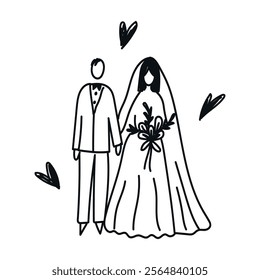 Hand-drawn chalk icon: retro and vintage wedding elements, valentine's day – clip art of a romantic concept, bride and groom. Doodle-style vector illustration with playful, handwritten design