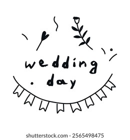 Hand-drawn chalk icon: retro and vintage wedding elements – flag garland and text wedding day. Doodle-style vector illustration with playful, handwritten design