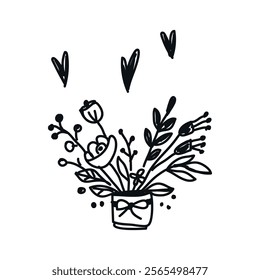 Hand-drawn chalk icon: retro and vintage wedding elements – bouquet of flowers. Doodle-style vector illustration with playful, handwritten design