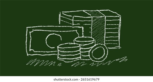 Hand-drawn chalk illustration of money symbol on green chalkboard background. Simple doodle vector representing money, wealth, finance, income, savings, banking, and financial growth.