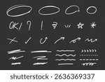 Hand-Drawn Chalk Line Doodle Illustration including arrow, check mark, cross mark, underline, speech bubble symbols.