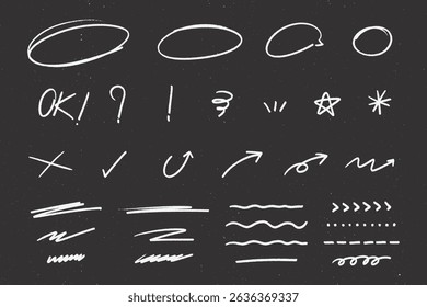Hand-Drawn Chalk Line Doodle Illustration including arrow, check mark, cross mark, underline, speech bubble symbols.