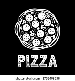 Hand-drawn chalk pizza. Lettering of the word Pizza. White drawing on a black chalkboard. Logo for a pizzeria, cafe or restaurant. Vector illustration