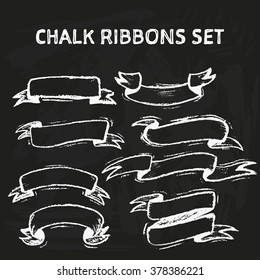 Handdrawn chalk ribbons on blackboard. Vector set of vintage illustrations.