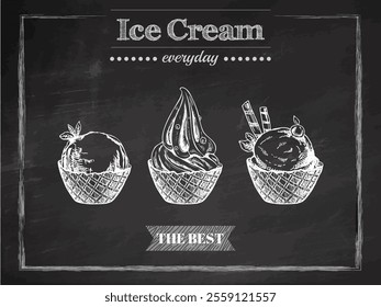 Hand-drawn chalk sketch of ice cream in vintage waffle cups
