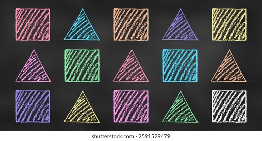 Hand-Drawn Chalk Sketch. Set of Design Elements Colorful Geometric Figures Isolated on Chalkboard Backdrop. Kit of Textural Crayon Drawings of Simple Shapes of Different Colors on Blackboard.