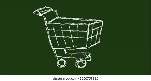 Hand-drawn chalk sketch of a shopping cart on green chalkboard background. Simple doodle design for retail, store, commerce, shopping, buying, market, supermarket, or business concept.