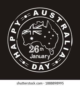 Hand-drawn chalk stamp with Lettering and map for Australia Day. Logo by January 26th in black and white colors. Vector illustration for poster design in doodle style.