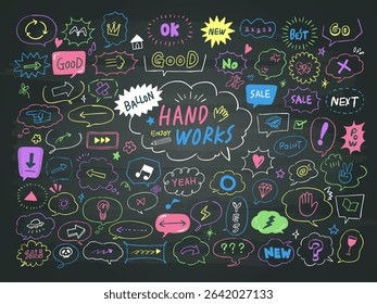 Hand-drawn chalk style speech bubbles and icons.