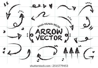 Estilo de tiza dibujado a mano variedad de Vector de flecha. Pincel de carbón doodle sketch flechas. Dibujo a mano alzada de la colección Yajirushi. Círculo redondo de punto de línea. Flechas de estilo de dibujos animados. Memo paper. Dibujo.