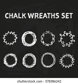 Handdrawn chalk wreaths on blackboard. Vector set of vintage illustrations.