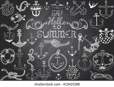 Hand-drawn chalkboard with Anchor Icon Set and text "Say hello to Summer".