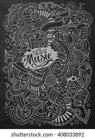 Hand-drawn chalkboard doodles Musical illustration. Line art detailed, with lots of objects vector background