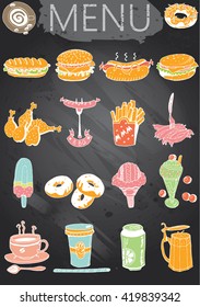 Hand-drawn chalkboard menu. Retro style fast food designs.