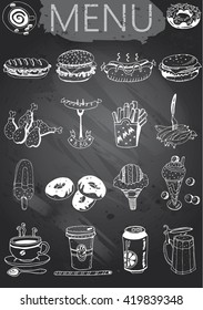 Hand-drawn chalkboard menu. Retro style fast food designs.