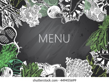 Hand-drawn chalkboard menu with Vegetables. Organic Food.