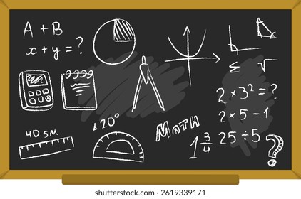 Um quadro-negro desenhado à mão mostra equações matemáticas, ferramentas e formas geométricas.  A ilustração é perfeita para materiais educacionais. Ilustração de vetor de desenhos animados.