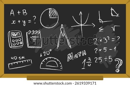 A hand-drawn chalkboard shows math equations, tools, and geometric shapes.  The illustration is perfect for educational materials. Cartoon Vector Illustration.