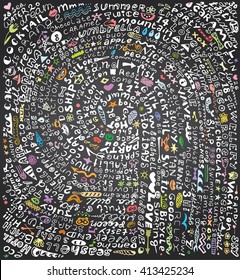 Hand-drawn chalkboard with Summer Icons Set and Text.