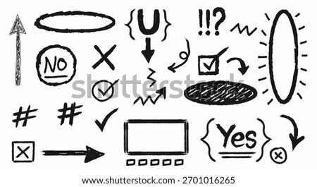 Hand-drawn chalked arrows, check marks, and oval shapes in various colors, perfect for highlighting points or indicating selections.