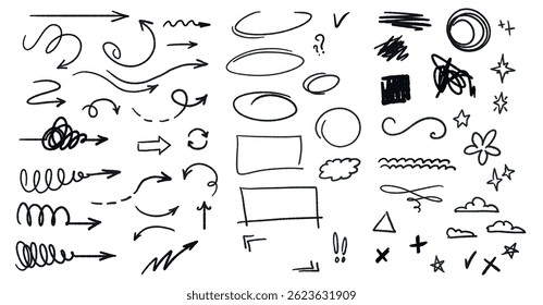 Hand-drawn chalk-style clipart set with arrows, checkmarks, doodles, question marks, stars, frames, and sketchy lines. Great for notes, school projects, presentations, planners, and scrapbooking.