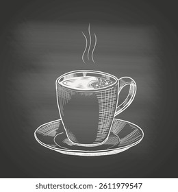 Hand-drawn chalk-style draw of steaming coffee cup on saucer set against dark chalkboard background. Concept for vintage cafe menu, coffee shop branding, posters, packaging. Vector illustration.
