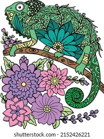 Hand-drawn Chameleon doodle with flower decorative elements. Animal coloring page for adults and kids. Vector Illustration.