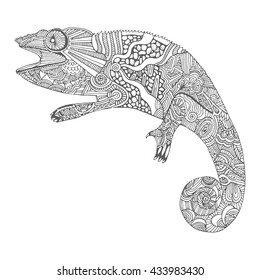 Hand-drawn chameleon with doodle pattern. Coloring page. Zentangle, for relaxation for adults, for for design, textiles. Vector illustration, isolated on a white background.