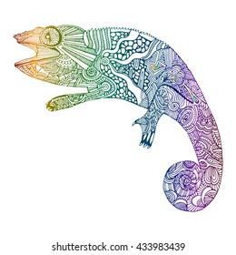 Hand-drawn chameleon with doodle pattern. Coloring page. Zentangle, for relaxation for adults, for for design, textiles. Vector illustration, isolated on a white background.