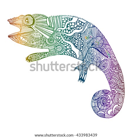 handdrawn chameleon doodle pattern coloring page เวกเตอร์