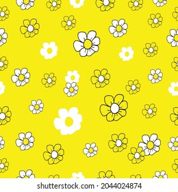 hand-drawn chamomile flowers blooming on a yellow background. This captivating seamless pattern is ideal for enhancing designs, prints, or artistic projects with a touch of floral elegance